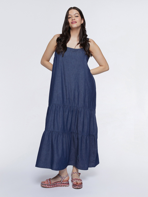 Long flounced light denim dress