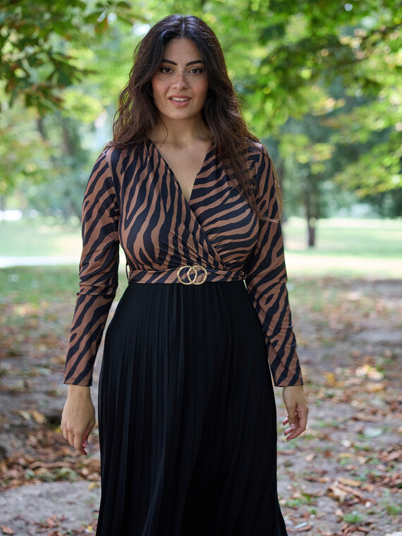 Long pleated animal print dress