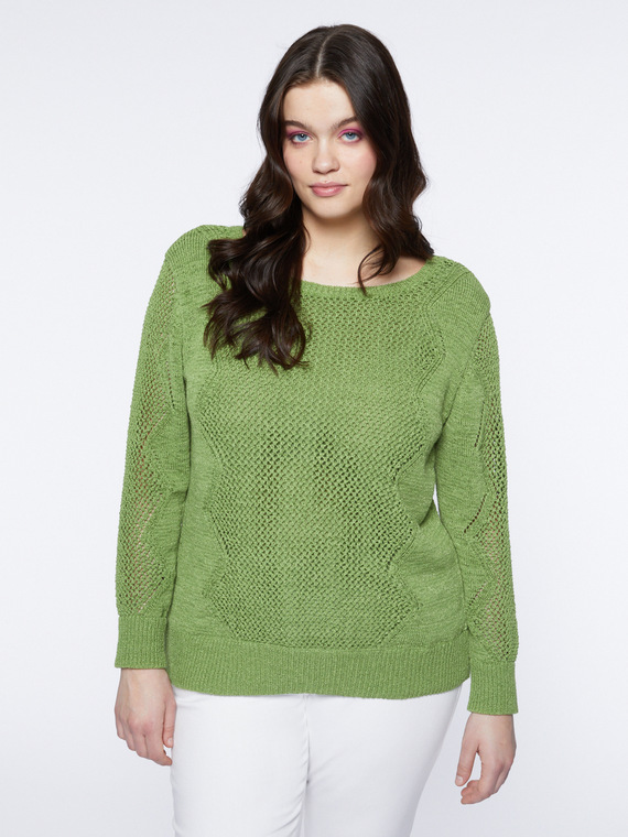 Ribbon yarn sweater with geometrical designs