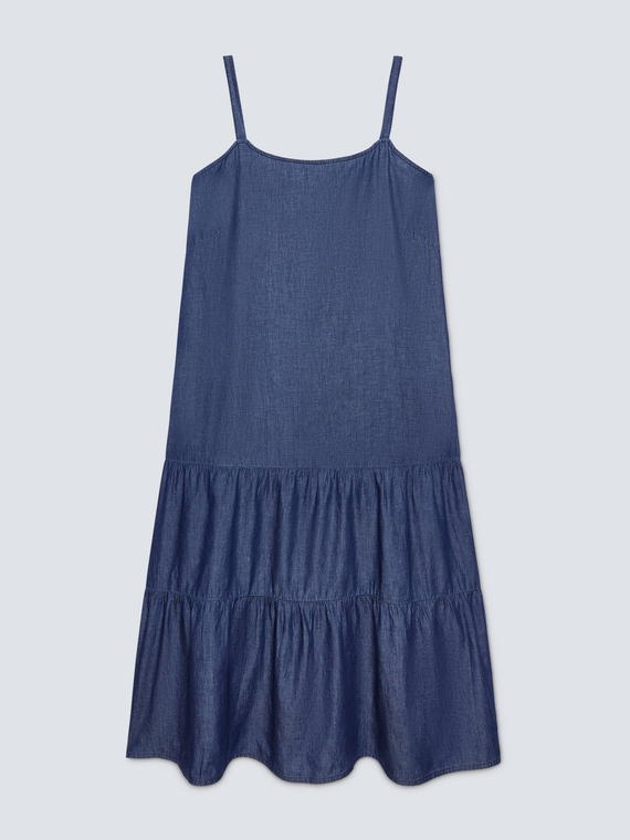 Long flounced light denim dress